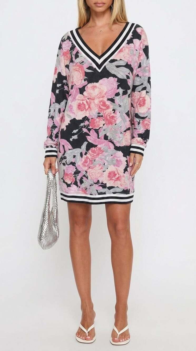 Soho Street New York Floral Varsity Stripe V-Neck Sweater Dress